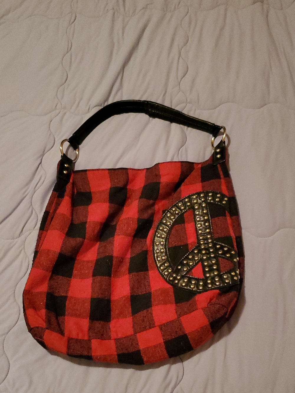 Chateau Red and Black Plaid Shoulder Bag with Studded Peace Patch